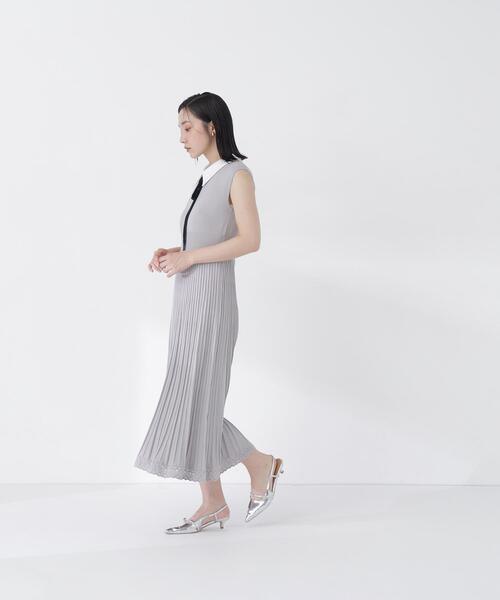 NATURAL BEAUTY BASIC（ナチュラルビューティーベーシック）の「シャツカラーナローリボンニットワンピース（ワンピース・レディース・ネイビー/ライトグリーン/グレー・MEDIUM/P/S）」の9枚目の写真