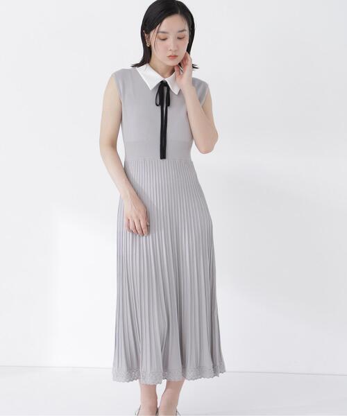 NATURAL BEAUTY BASIC（ナチュラルビューティーベーシック）の「シャツカラーナローリボンニットワンピース（ワンピース・レディース・ネイビー/ライトグリーン/グレー・MEDIUM/P/S）」の10枚目の写真