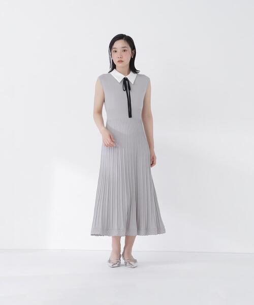 NATURAL BEAUTY BASIC（ナチュラルビューティーベーシック）の「シャツカラーナローリボンニットワンピース（ワンピース・レディース・ネイビー/ライトグリーン/グレー・MEDIUM/P/S）」の11枚目の写真