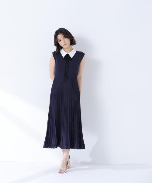 NATURAL BEAUTY BASIC（ナチュラルビューティーベーシック）の「シャツカラーナローリボンニットワンピース（ワンピース・レディース・ネイビー/ライトグリーン/グレー・MEDIUM/P/S）」の14枚目の写真