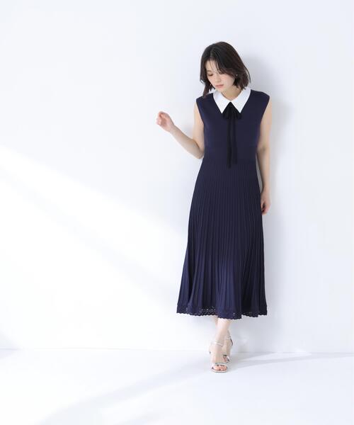 NATURAL BEAUTY BASIC（ナチュラルビューティーベーシック）の「シャツカラーナローリボンニットワンピース（ワンピース・レディース・ネイビー/ライトグリーン/グレー・MEDIUM/P/S）」の16枚目の写真