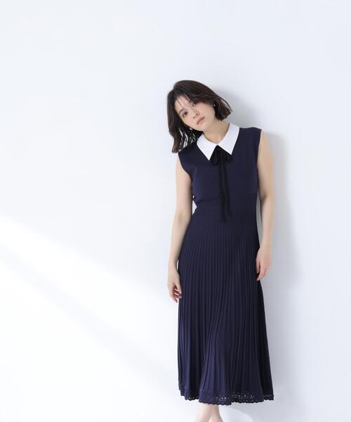 NATURAL BEAUTY BASIC（ナチュラルビューティーベーシック）の「シャツカラーナローリボンニットワンピース（ワンピース・レディース・ネイビー/ライトグリーン/グレー・MEDIUM/P/S）」の20枚目の写真