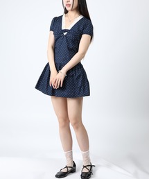HOOK for girls ツイストリボン×レース襟 Vネック半袖ミニワンピース (SS)