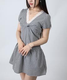 HOOK for girls ツイストリボン×レース襟 Vネック半袖ミニワンピース (SS)