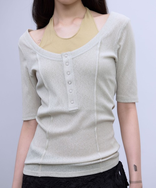 THINGS THAT MATTER(シングス ザット マター)の「HALTER DESIGN LAYERED TOPS / ホルターデザイン レイヤード トップス(Tシャツ/カットソー・レディース・ベージュ/ブラック/グレー×サックスブルー・FREE)」の1枚目の写真