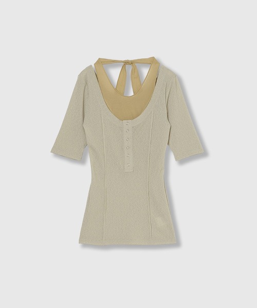 THINGS THAT MATTER(シングス ザット マター)の「HALTER DESIGN LAYERED TOPS / ホルターデザイン レイヤード トップス(Tシャツ/カットソー・レディース・ベージュ/ブラック/グレー×サックスブルー・FREE)」の13枚目の写真