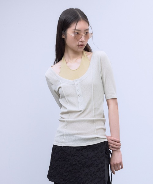 THINGS THAT MATTER(シングス ザット マター)の「HALTER DESIGN LAYERED TOPS / ホルターデザイン レイヤード トップス(Tシャツ/カットソー・レディース・ベージュ/ブラック/グレー×サックスブルー・FREE)」の11枚目の写真