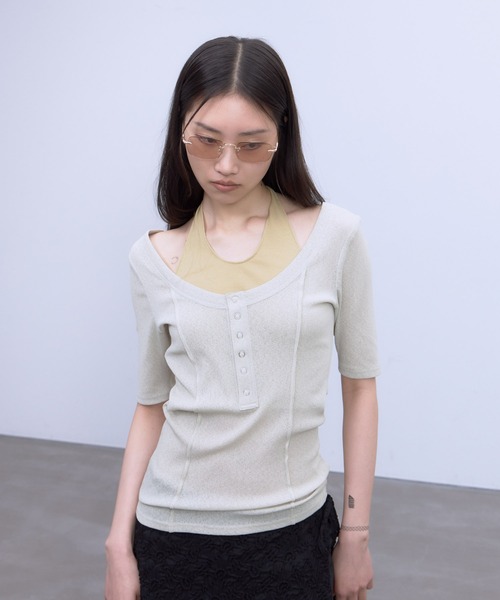 THINGS THAT MATTER(シングス ザット マター)の「HALTER DESIGN LAYERED TOPS / ホルターデザイン レイヤード トップス(Tシャツ/カットソー・レディース・ベージュ/ブラック/グレー×サックスブルー・FREE)」の10枚目の写真