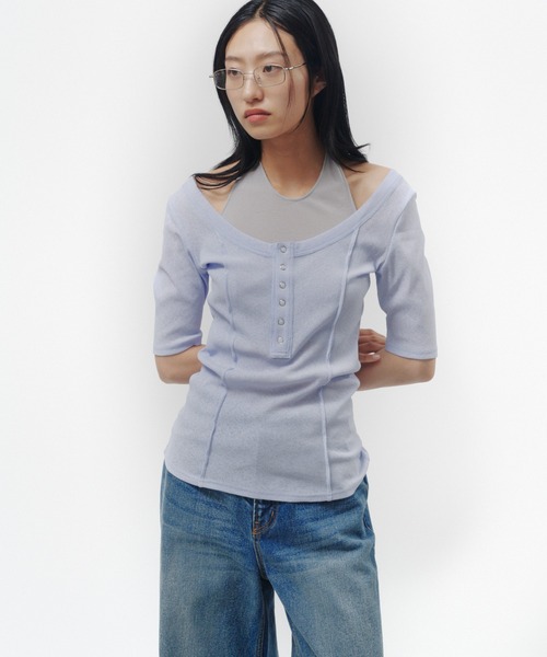 THINGS THAT MATTER(シングス ザット マター)の「HALTER DESIGN LAYERED TOPS / ホルターデザイン レイヤード トップス(Tシャツ/カットソー・レディース・ベージュ/ブラック/グレー×サックスブルー・FREE)」の22枚目の写真