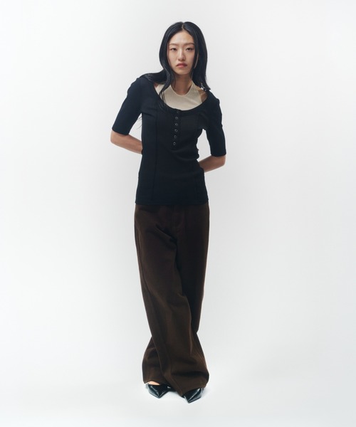 THINGS THAT MATTER(シングス ザット マター)の「HALTER DESIGN LAYERED TOPS / ホルターデザイン レイヤード トップス(Tシャツ/カットソー・レディース・ベージュ/ブラック/グレー×サックスブルー・FREE)」の18枚目の写真