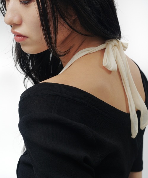 THINGS THAT MATTER(シングス ザット マター)の「HALTER DESIGN LAYERED TOPS / ホルターデザイン レイヤード トップス(Tシャツ/カットソー・レディース・ベージュ/ブラック/グレー×サックスブルー・FREE)」の14枚目の写真
