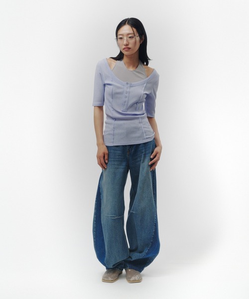 THINGS THAT MATTER(シングス ザット マター)の「HALTER DESIGN LAYERED TOPS / ホルターデザイン レイヤード トップス(Tシャツ/カットソー・レディース・ベージュ/ブラック/グレー×サックスブルー・FREE)」の19枚目の写真