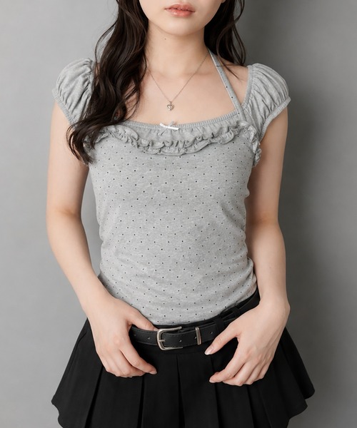 SPINNS(スピンズ)の「パフスリーブカットソー+ドット柄キャミソールセット/韓国ガーリー(Tシャツ/カットソー・レディース・サックスブルー/チャコール/レモンイエロー/オフホワイト・ONESIZE)」の2枚目の写真