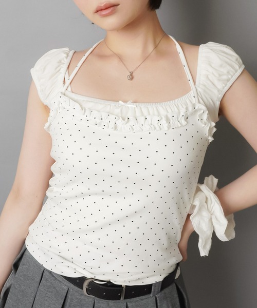 SPINNS(スピンズ)の「パフスリーブカットソー+ドット柄キャミソールセット/韓国ガーリー(Tシャツ/カットソー・レディース・サックスブルー/チャコール/レモンイエロー/オフホワイト・ONESIZE)」の12枚目の写真