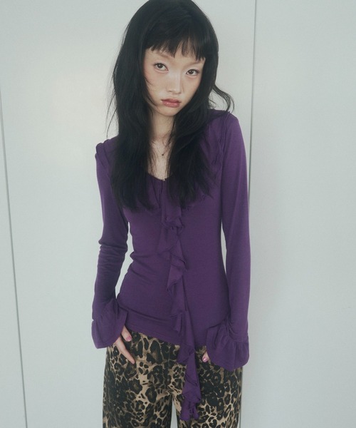 Tシャツ/カットソー（パープル/紫色系・Vネック）ファッション通販
