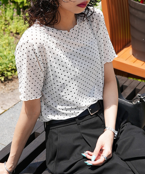 Chillfar(チルファー)の「ドットチュール半袖トップス(Tシャツ/カットソー・レディース・オフホワイト/ブラック・FREE)」の1枚目の写真