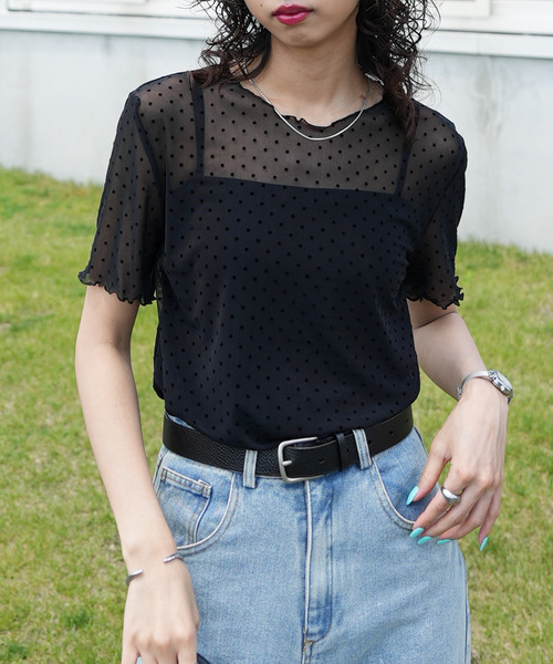 Chillfar(チルファー)の「ドットチュール半袖トップス(Tシャツ/カットソー・レディース・オフホワイト/ブラック・FREE)」の2枚目の写真