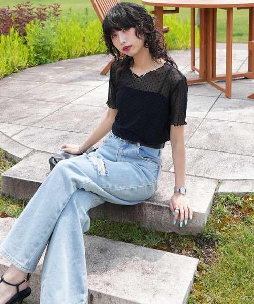 Chillfar(チルファー)の「ドットチュール半袖トップス(Tシャツ/カットソー・レディース・オフホワイト/ブラック・FREE)」の6枚目の写真