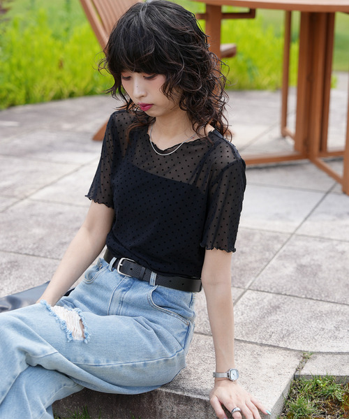 Chillfar(チルファー)の「ドットチュール半袖トップス(Tシャツ/カットソー・レディース・オフホワイト/ブラック・FREE)」の8枚目の写真