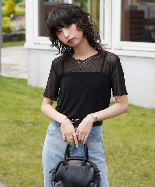 Chillfar(チルファー)の「ドットチュール半袖トップス(Tシャツ/カットソー・レディース・オフホワイト/ブラック・FREE)」の3枚目の写真