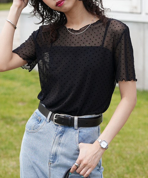 Chillfar(チルファー)の「ドットチュール半袖トップス(Tシャツ/カットソー・レディース・オフホワイト/ブラック・FREE)」の4枚目の写真