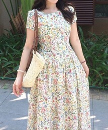 花柄 パフスリーブ ウエストマーク ミニワンピース