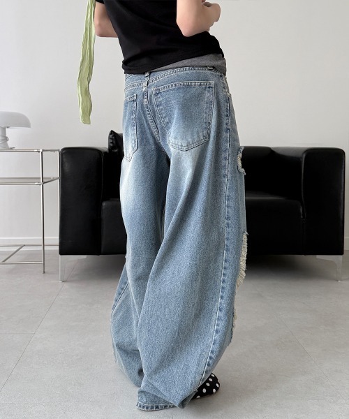4INT.(フォイント)の「【 one color 】ダメージ デストロイド デニム ワイド パンツ(デニムパンツ・メンズ・ブルー・L/M/S)」の10枚目の写真