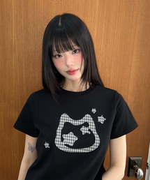 キャットシンボルアプリケ半袖TシャツBLACK