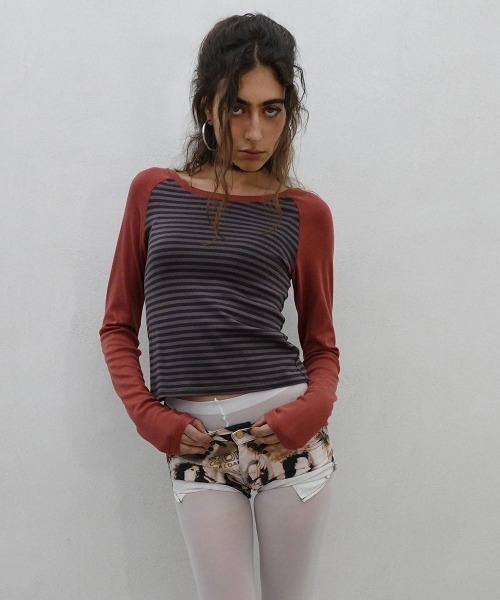 SCULPTOR(スカルプター)の「Striped Raglan Tee(Tシャツ/カットソー・レディース・カーキ/レッド/レモンイエロー・SMALL/MEDIUM/LARGE)」の1枚目の写真