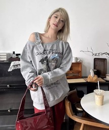 ペットプリントオフショルダースウェット