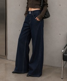 配色ステッチ ハイウエストワイドデニムパンツ