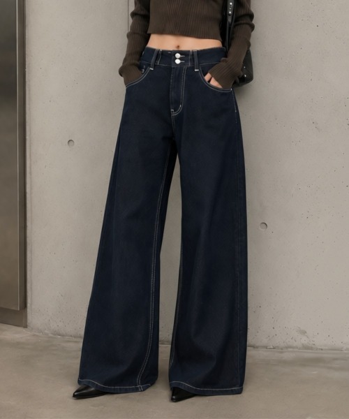 center i（センターアイ）の「配色ステッチ ハイウエストワイドデニムパンツ（デニムパンツ・レディース・ブルー・S/M/L）」の6枚目の写真