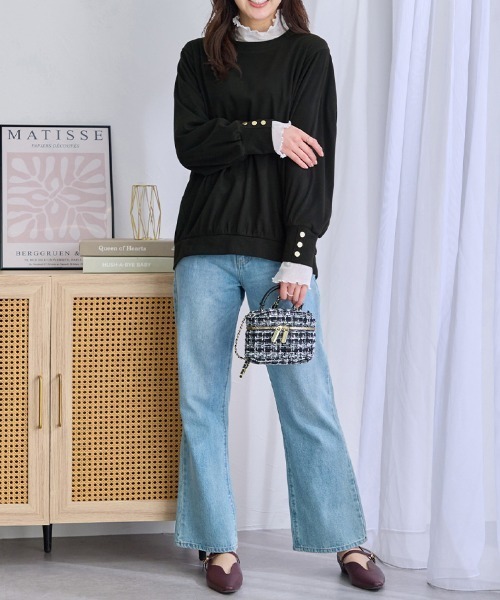 alotta(アロッタ)の「なめらか起毛袖金ボタンゆるトップス(Tシャツ/カットソー・レディース・モカ/ブラック/ボルドー/ブルー・LL/L/M)」の8枚目の写真
