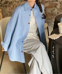 水色ストライプシャツ カラーボタンデザイン ルーズ長袖シャツジャケット