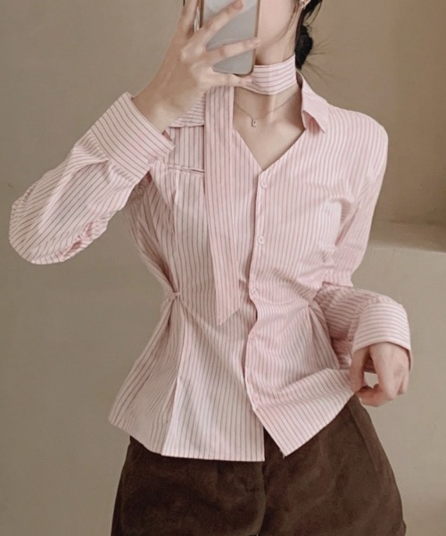 Aelina(エリナ)の「Vネックウエスト絞りストライプ柄ブラウス(シャツ/ブラウス・レディース・ホワイト/ブルー/ピンク・FREE)」の18枚目の写真