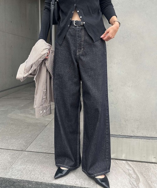 andme(アンドミー)の「ストレートワイドパンツ【デニム/ツイル】(デニムパンツ・レディース・ブルー/オフホワイト/インディゴブルー・L/M)」の1枚目の写真