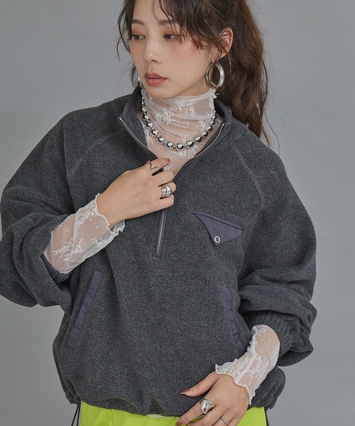 bohmal（ボマール）の「異素材フリースハーフジッフプルオーバー（スウェット・レディース・ライム/チャコールグレー/ピンク・FREE）」の2枚目の写真