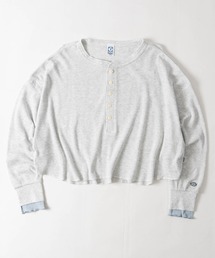 【15】〔DISCUS/ディスカス〕フェイクレイヤード ワッフル ロングスリーブヘンリーネックTシャツ クロップド丈 レディース