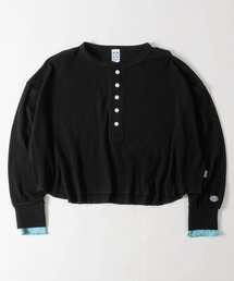 【15】〔DISCUS/ディスカス〕フェイクレイヤード ワッフル ロングスリーブヘンリーネックTシャツ クロップド丈 レディース
