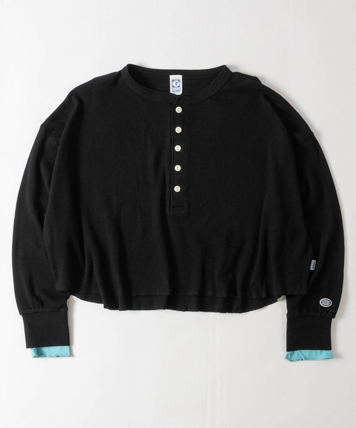 DISCUS(ディスカス)の「【15】〔DISCUS/ディスカス〕フェイクレイヤード ワッフル ロングスリーブヘンリーネックTシャツ クロップド丈 レディース(Tシャツ/カットソー・レディース・ブラック/オートミール/ワイン・LARGE/MEDIUM)」の1枚目の写真