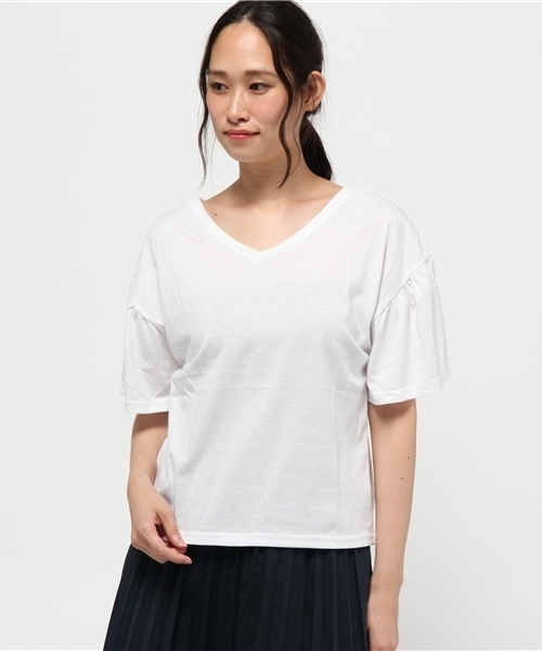 VENCEEXCHANGE(ヴァンスエクスチェンジ)の「ワイドフレアスリーブTシャツ (Tシャツ/カットソー・レディース・オフホワイト/ブラック/コーラル・MEDIUM)」の1枚目の写真