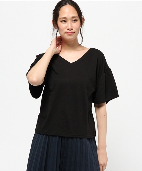VENCEEXCHANGE(ヴァンスエクスチェンジ)の「ワイドフレアスリーブTシャツ (Tシャツ/カットソー・レディース・オフホワイト/ブラック/コーラル・MEDIUM)」の2枚目の写真