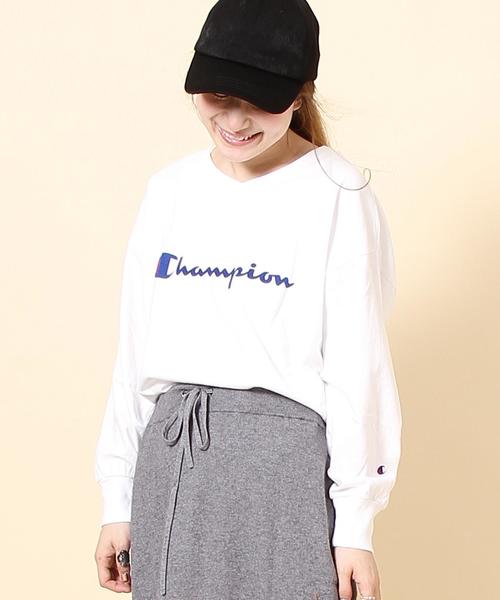 coen（コーエン）の「Champion （チャンピオン）Vネックロングスリーブカットソー（Tシャツ/カットソー・レディース・ホワイト/ライトグレー・MEDIUM）」の19枚目の写真