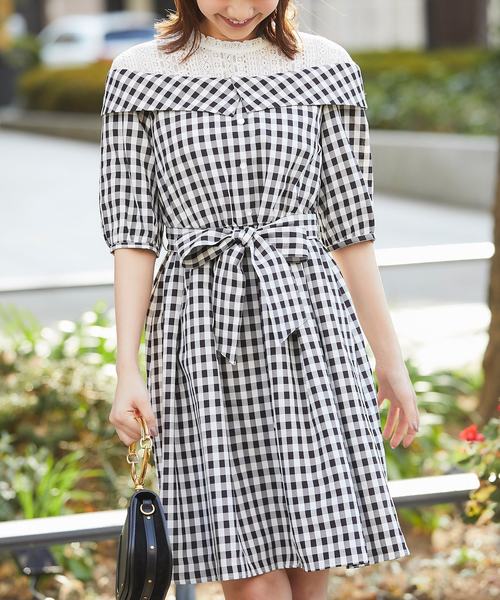 Tocco Closet トッコ クローゼット の ウエストりぼん付きレース ギンガムチェックレイヤード風ワンピース ワンピース Wear