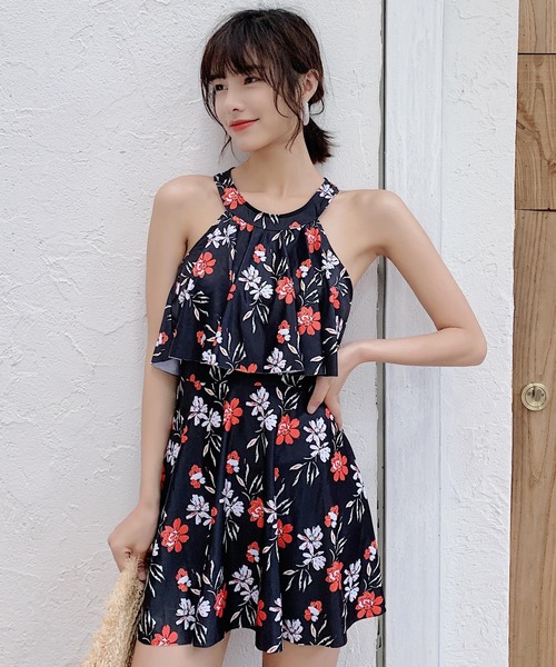 レディース水着ハイネックバックフリルフレアオールインワンワンピーススイムウェア