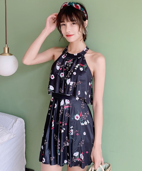 レディース水着ハイネックバックフリルフレアオールインワンワンピーススイムウェア