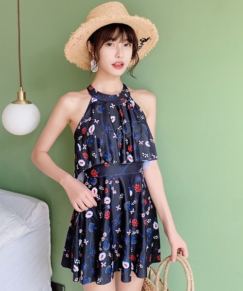 レディース水着ハイネックバックフリルフレアオールインワンワンピーススイムウェア