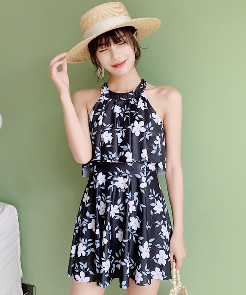 レディース水着ハイネックバックフリルフレアオールインワンワンピーススイムウェア