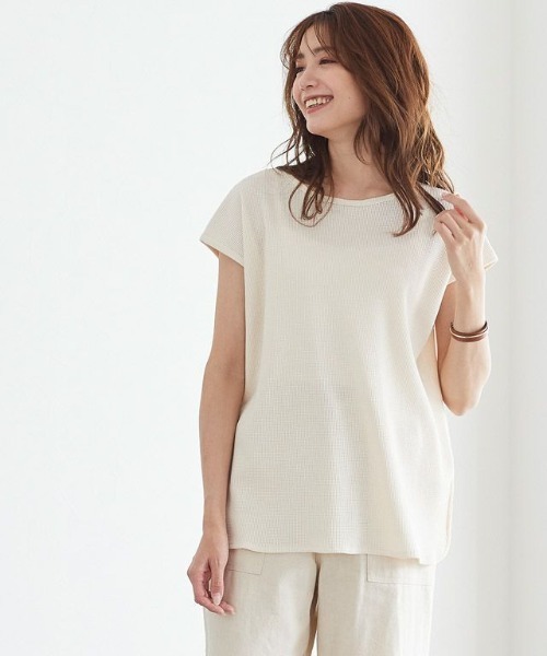 Pierrot(ピエロ)の「2wayワッフルTシャツ(Tシャツ/カットソー・レディース・ベージュ/アイボリー/ミント・M/L)」の2枚目の写真