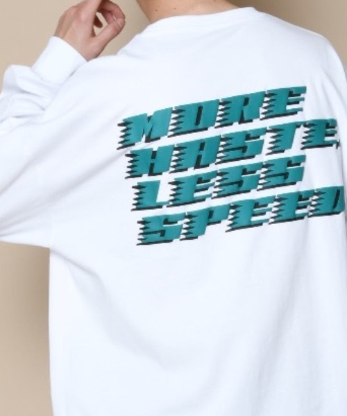 SUPERTHANKS(スーパーサンクス)の「「MORE HASTE LESS SPEED」バックプリントBICロングTシャツ(Tシャツ/カットソー・メンズ・ブラック×イエロー/ベージュ/ホワイト×グリーン/ブラック×ブラック・SMALL/LARGE/MEDIUM)」の1枚目の写真